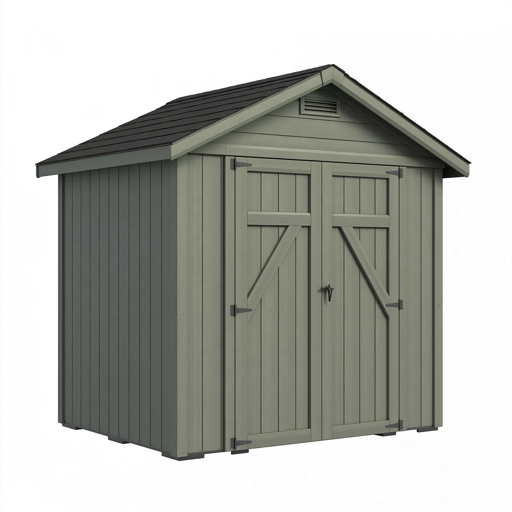 Abri de jardin 185 x 185 x 225 cm en résine vert gris double porte toit à deux pentes