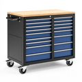 Servante d'atelier 112 x 46 x 95 cm en acier noir et bleu avec plateau en bois - 13 tiroirs verrouillables sur roulettes