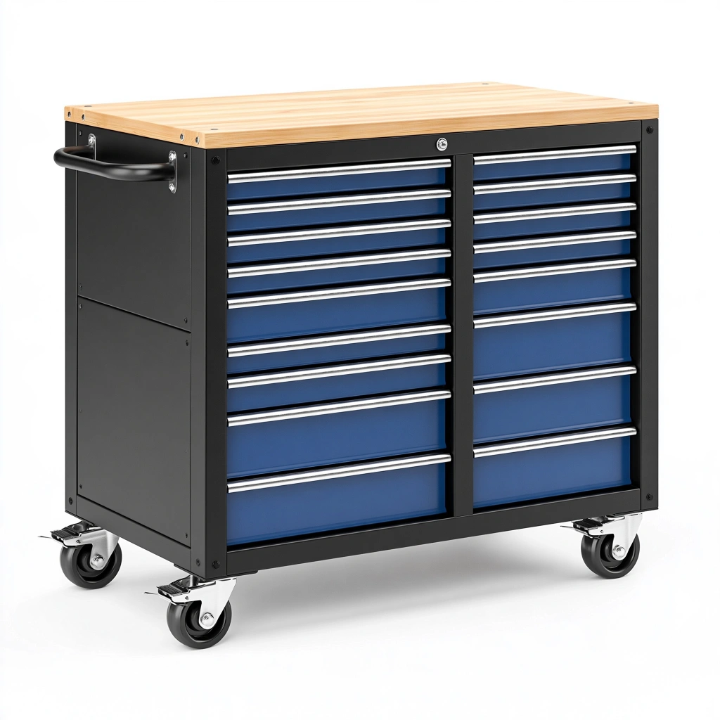 Servante d'atelier 112 x 46 x 95 cm en acier noir et bleu avec plateau en bois - 13 tiroirs verrouillables sur roulettes