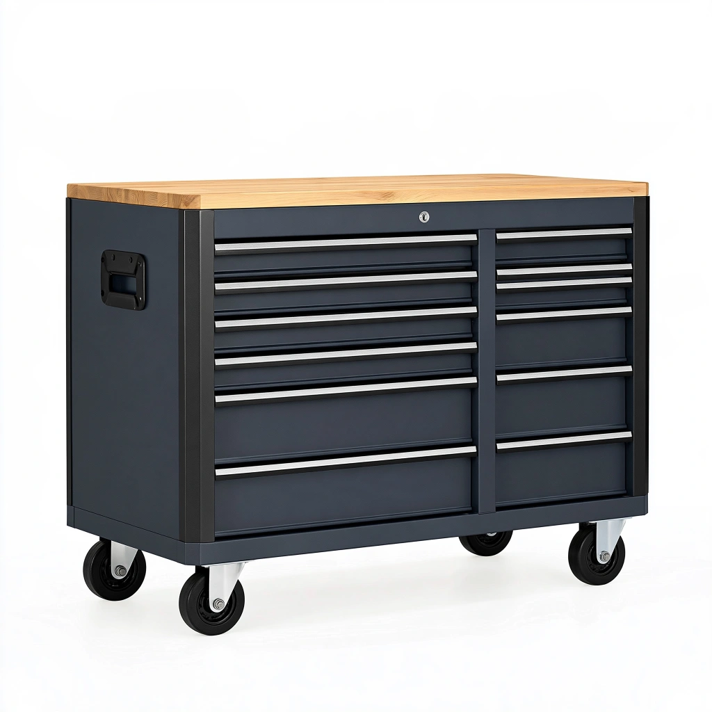 Servante d atelier 120 x 60 x 95 cm en acier bleu foncé avec plateau en bois et 11 tiroirs