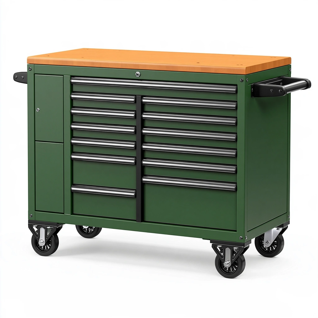 Établi roulant 120 x 60 x 95 cm en acier vert avec plateau en bois et rangements