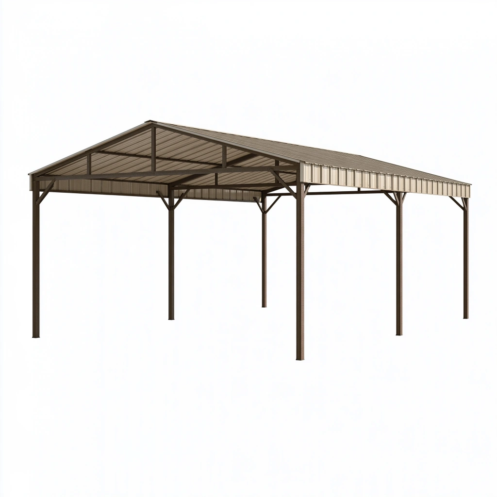 Carport 600 x 600 x 300 cm en acier brun avec toit incliné