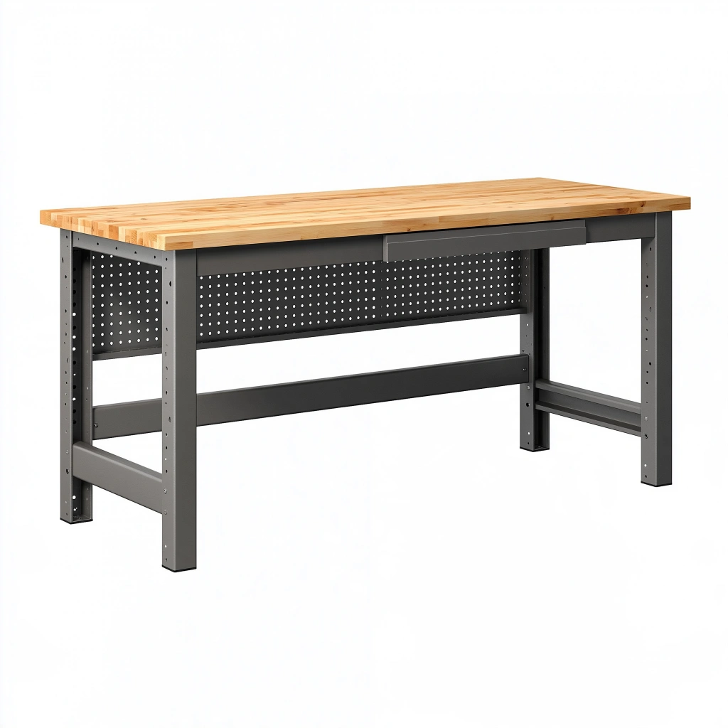 Établi d'atelier 152 x 61 x 91 cm en bois et acier noir avec panneau perforé