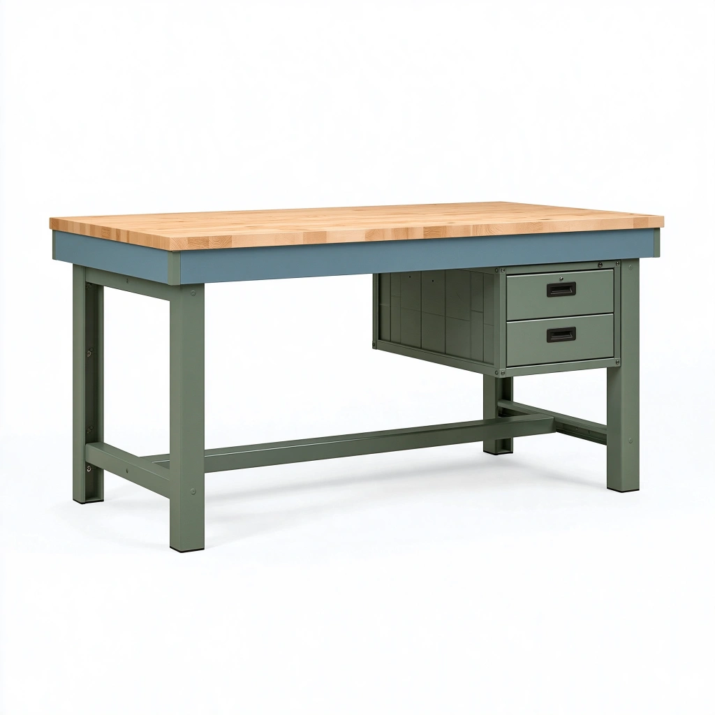 Établi 150 x 75 x 90 cm en bois et métal vert bleu avec 2 tiroirs