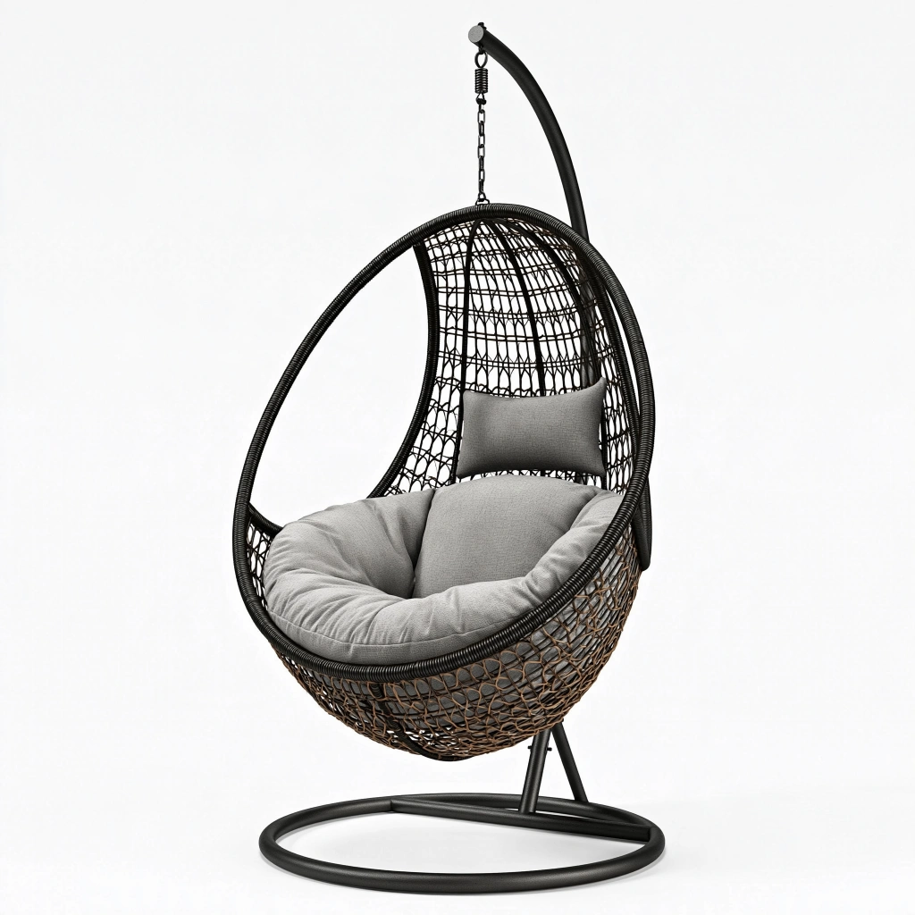 Fauteuil suspendu 105 x 195 cm en résine tressée noir et gris avec support intérieur extérieur couvert