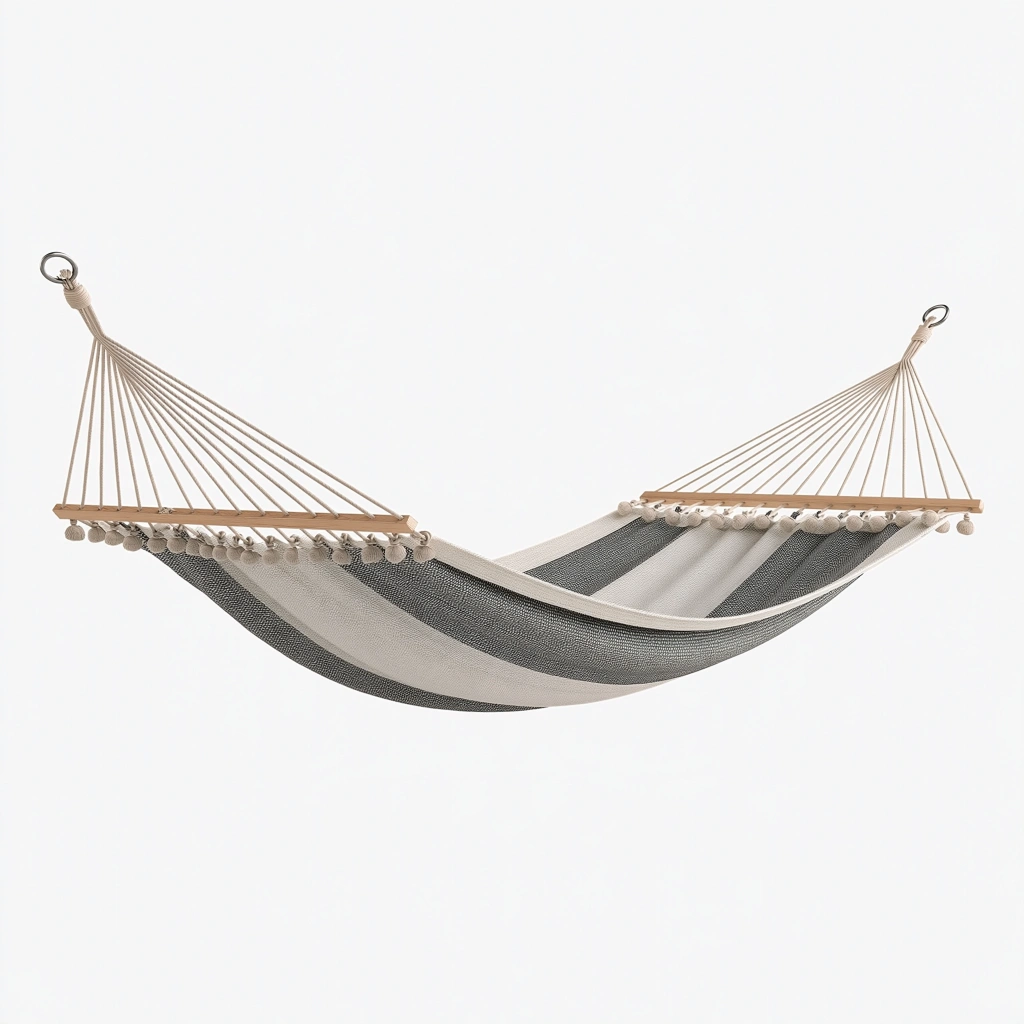 Hamac 300 x 100 cm en coton et polyester gris beige - style bohème à barres en bois