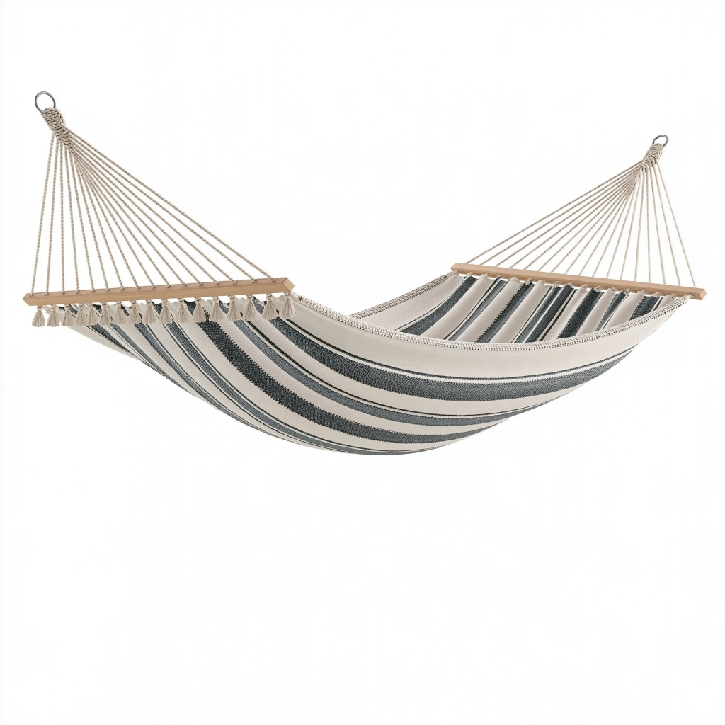 Hamac 320 x 140 cm en tissu rayé beige et gris avec barres en bois pour extérieur