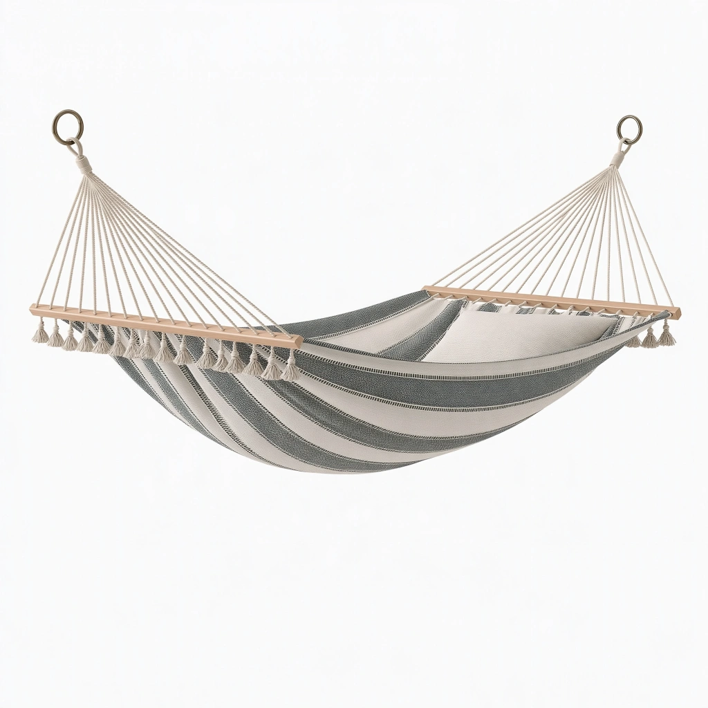 Hamac 300 x 100 cm en coton beige et gris avec barres en bois pour jardin
