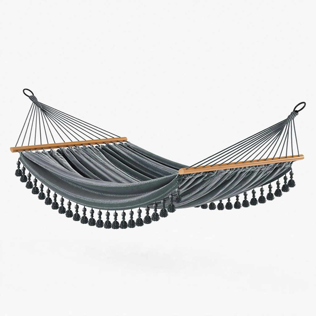 Hamac 200 x 80 cm en tissu gris avec barres en bois pour détente suspendue