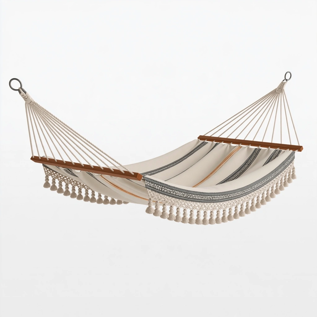 Hamac 320 x 120 cm en coton écru et marron avec barres en bois style bohème