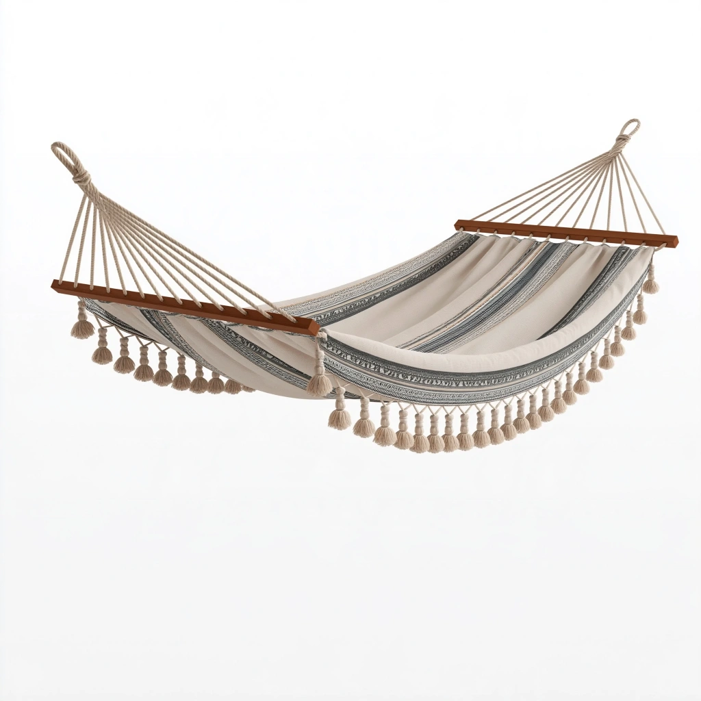 Hamac 320 x 140 cm en coton beige et gris avec barres en bois style bohème