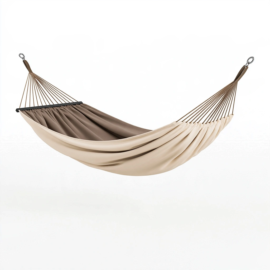 Hamac de jardin 300 x 140 cm en tissu beige et marron avec barre d'écartement