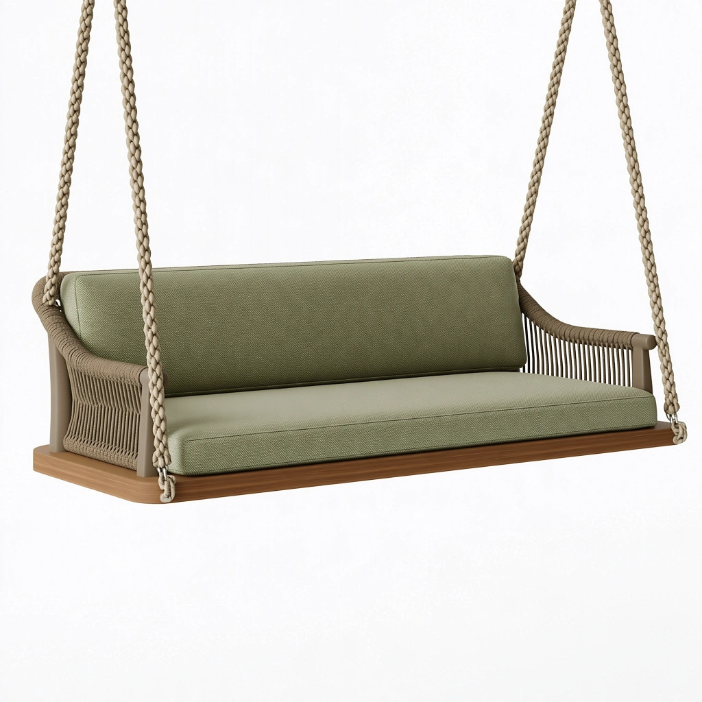 Balancelle suspendue 150 x 75 x 60 cm en bois et corde beige vert olive style bohème