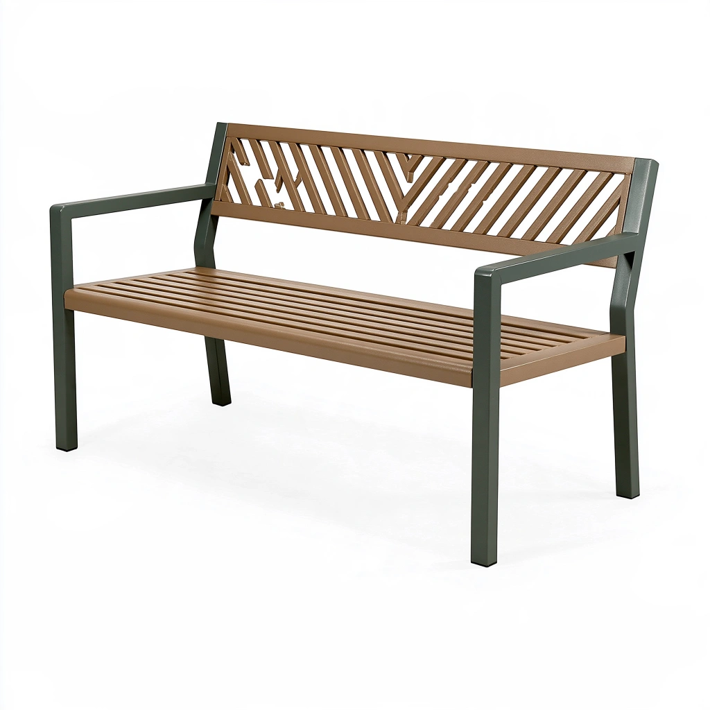 Banc de jardin 120 cm en métal marron et vert à dossier ajouré