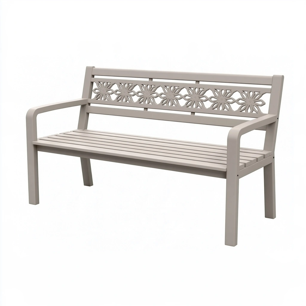 Banc de jardin 120 x 60 x 88 cm en acier beige avec dossier décoratif